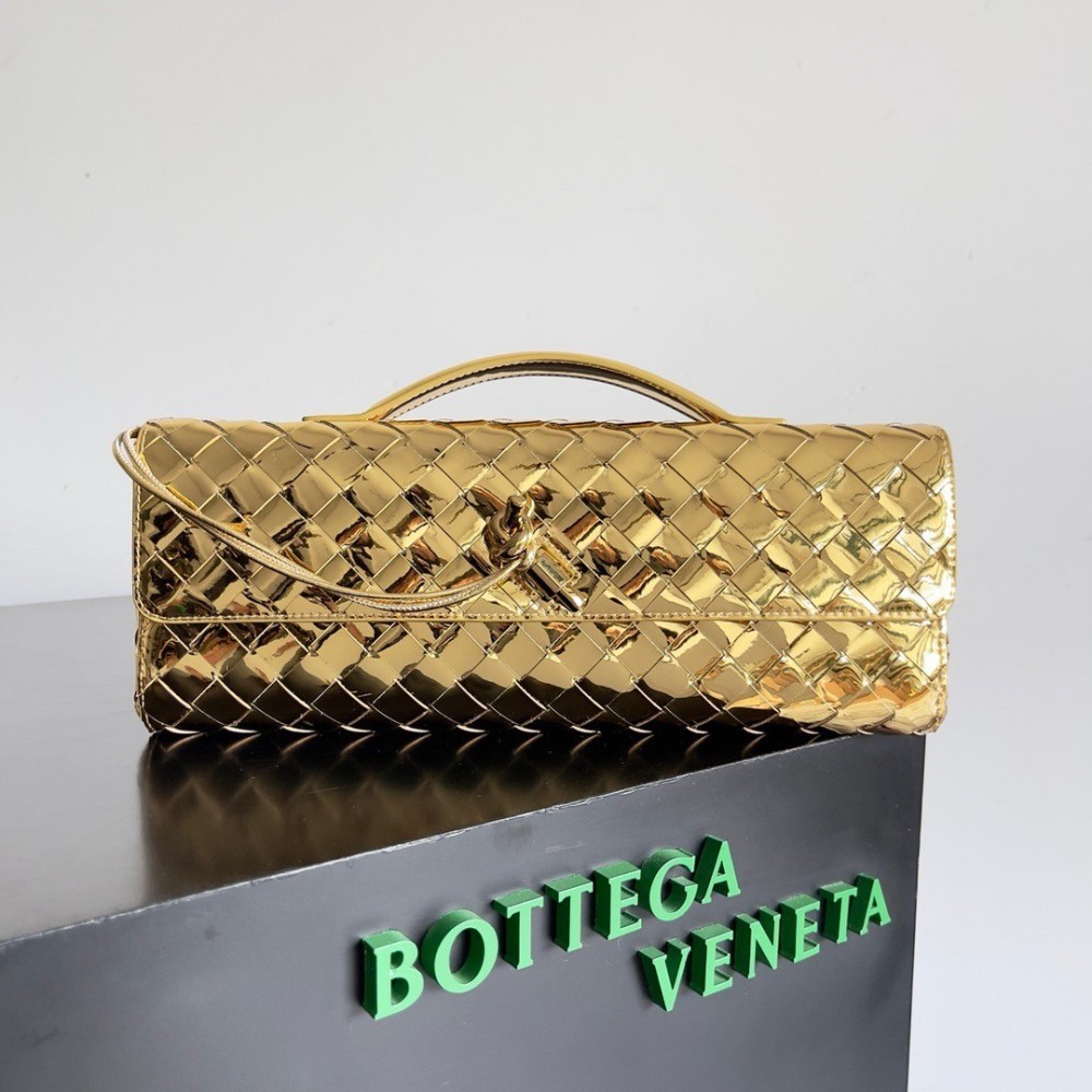 Bottega Veneta Andiamo Clutch with Handle in Gold Metallic Leather