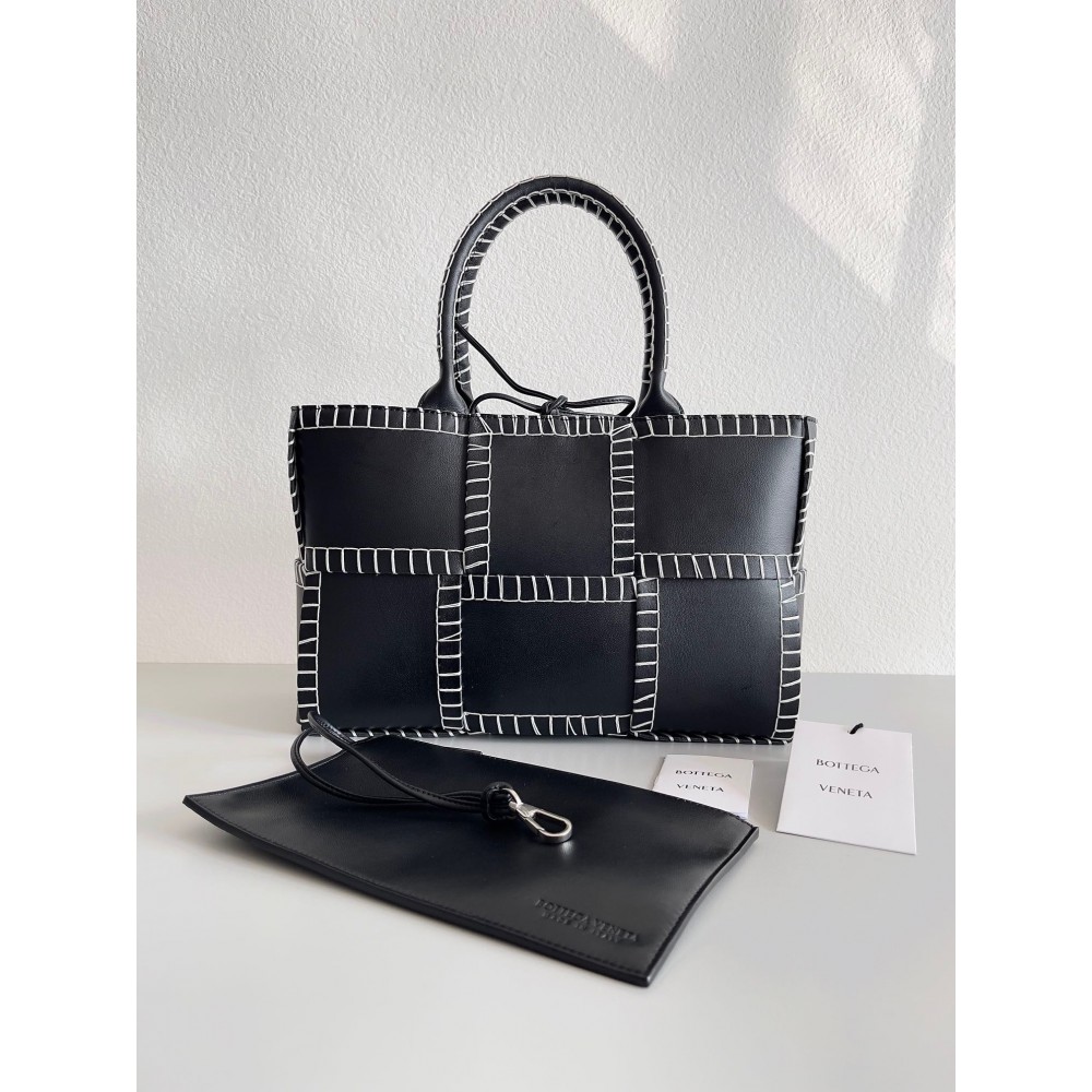 Bottega Veneta Black Arco Small Tote with White Overlock Stitching