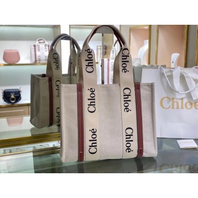 Chloe Medium Woody Tote Bag in Canvas with Brown Leather Strips