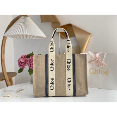 Chloe Woody Large Tote Bag in Linen Canvas with Navy Blue Leather