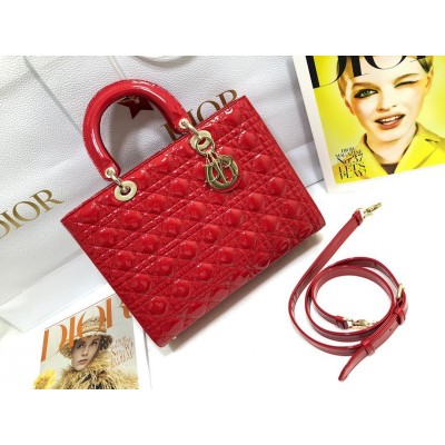 Dior Lady Dior Large Bag In Red Patent Cannage Calfskin