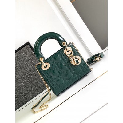 Dior Lady Dior Mini Chain Bag with Chain in Green Patent Calfskin