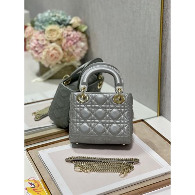 Dior Lady Dior Mini Chain Bag with Chain in Grey Pearlescent Lambskin