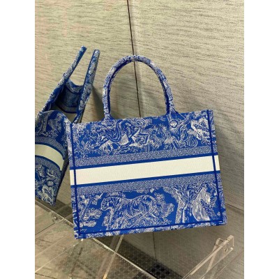 Dior Medium Book Tote Bag In Fluorescent Blue Toile de Jouy Reverse Embroidery