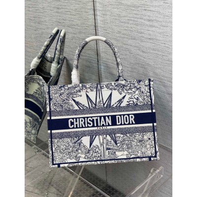 Dior Medium Book Tote Bag In White & Blue Reve d'Infini Embroidery