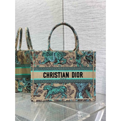 Dior Medium Dioriviera Book Tote in Raffia with Green Toile de Jouy Sauvage Embroidery