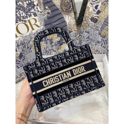 Dior Mini Book Tote Bag In Blue Velvet Oblique Embroidered