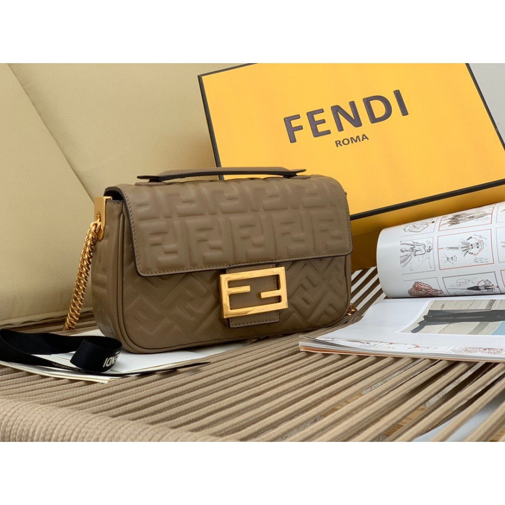 Fendi Baguette Chain Midi Bag In Taupe Nappa Leather