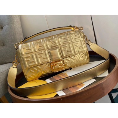 Fendi Baguette Large Bag In Gold Lambskin With FF Motif