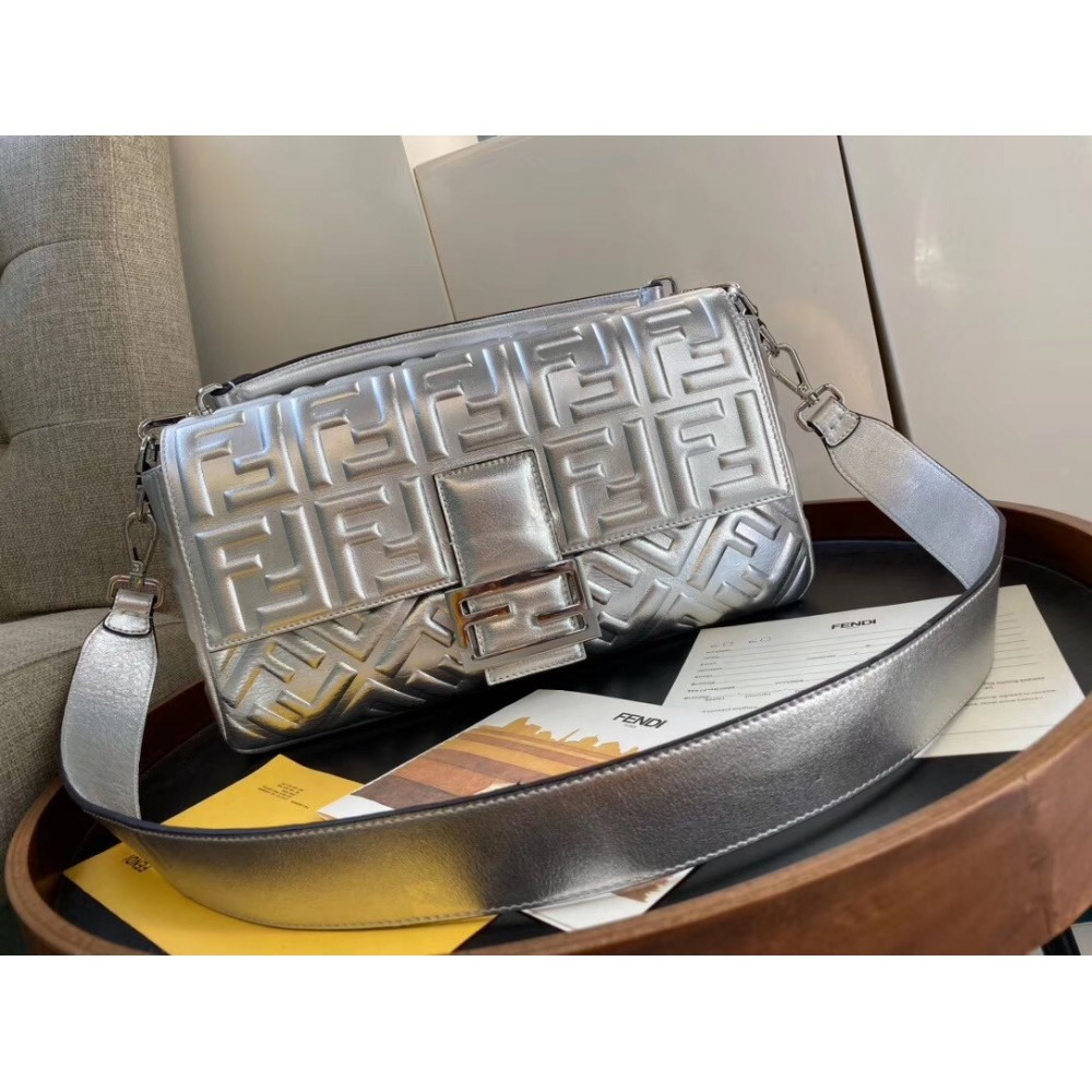 Fendi Baguette Large Bag In Silver Lambskin With FF Motif