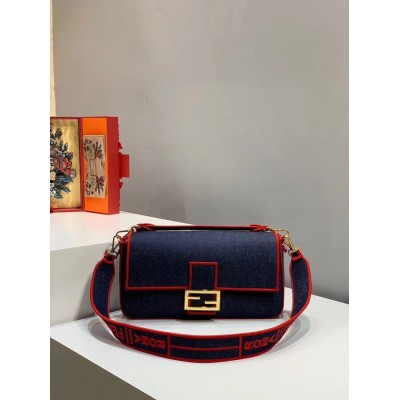 Fendi Large Baguette Bag In Blue Denim With Red Trim