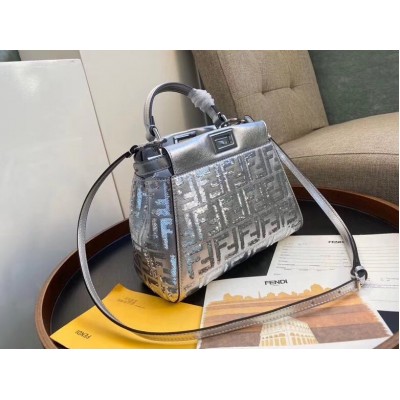 Fendi Peekaboo Mini Bag In Silver Lambskin With FF Sequins