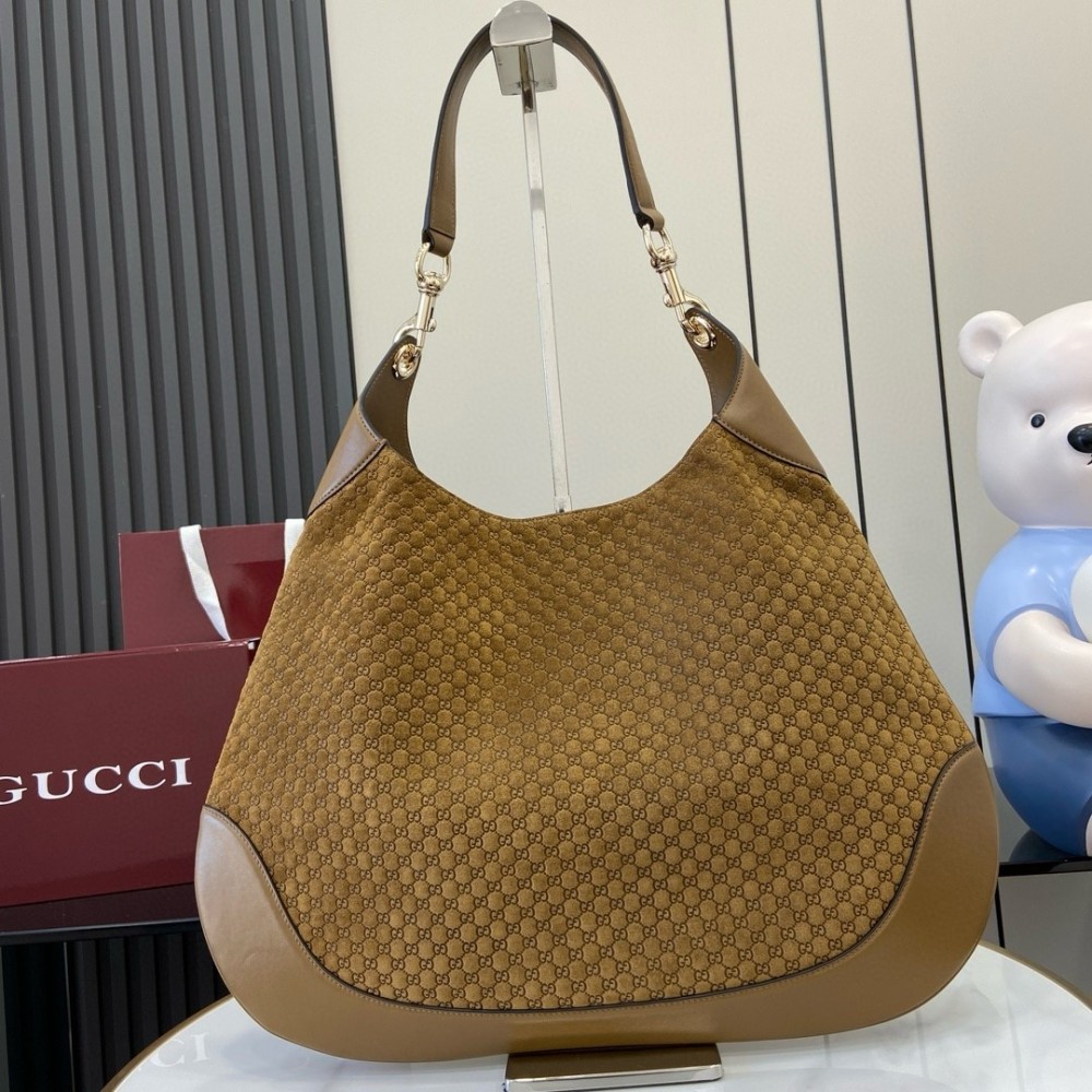 Gucci B Medium Shoulder Bag in Brown Suede Leather