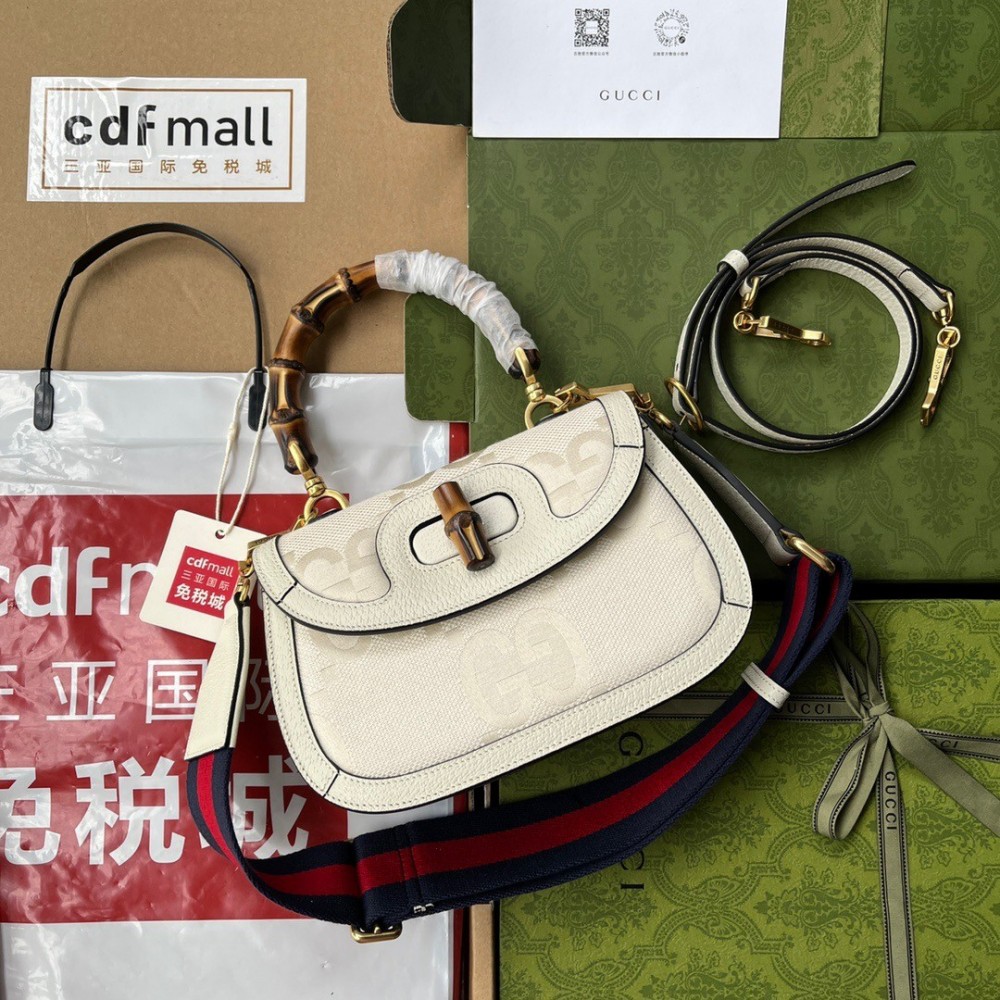 Gucci Bamboo 1947 Small Top Handle Bag in White Jumbo GG Canvas