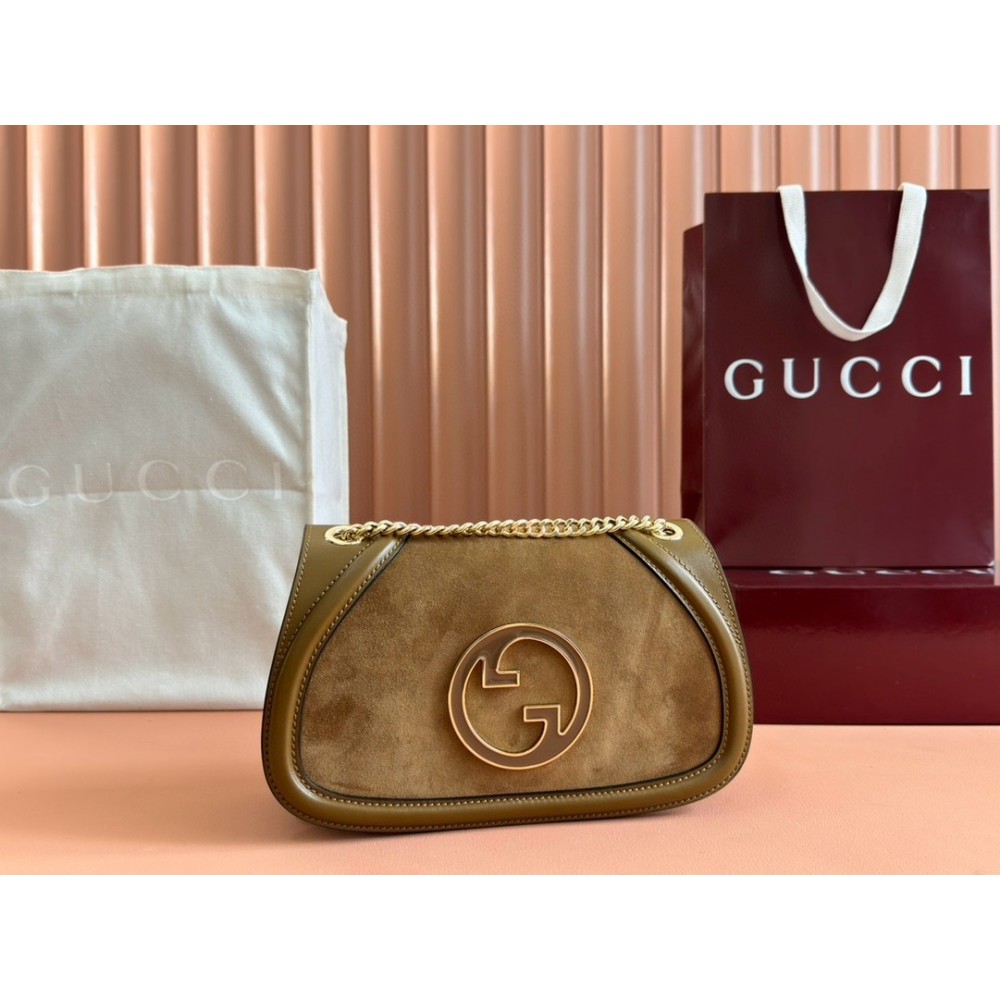 Gucci Blondie Small Shoulder Bag with Enamel G in Brown Suede Leather