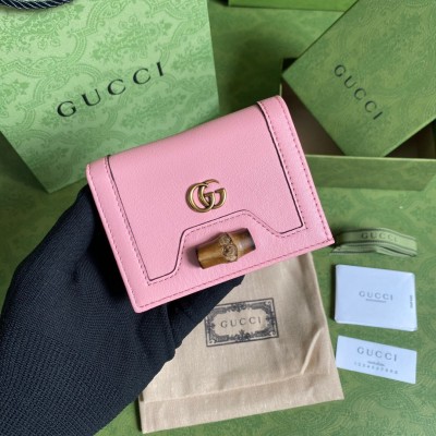 Gucci Diana Card Case Wallet In Pink Calfskin