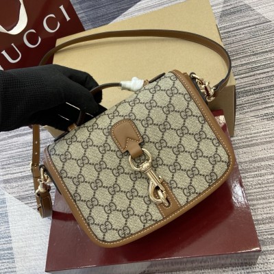 Gucci GG Emblem Mini Shoulder Bag in Beige GG Canvas with Brown Leather