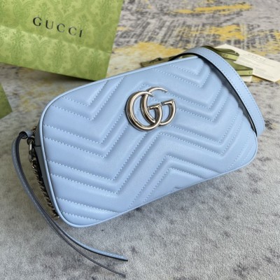 Gucci GG Marmont Small Camera Bag in Pastel Blue Chevron Leather