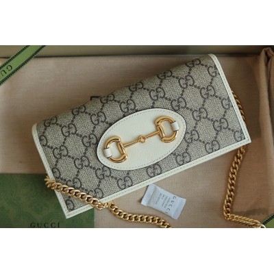 Gucci Horsebit 1955 Chain Wallet in GG Supreme with White Leather