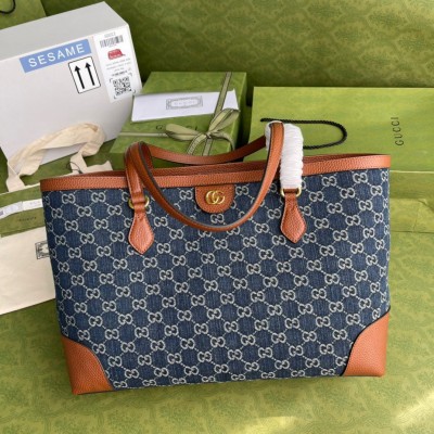 Gucci Ophidia GG Medium Tote Bag in Blue GG Jacquard Denim