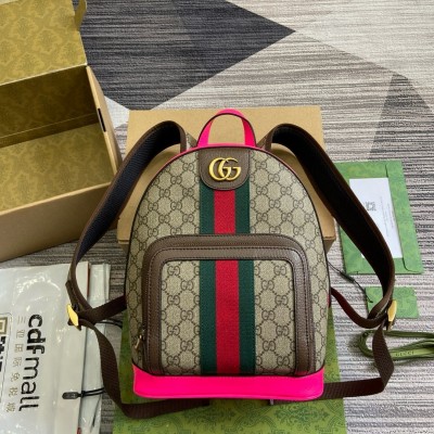 Gucci Ophidia GG Small Backpack in GG Canvas and Fuchsia Leather