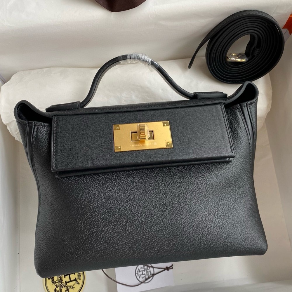 Hermes 24/24 Mini 21 Handmade Bag in Black Evercolor Leather