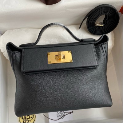 Hermes 24/24 Mini 21 Handmade Bag in Black Evercolor Leather