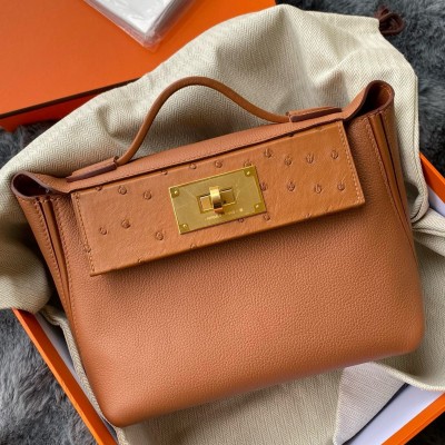 Hermes 24/24 Mini 21 Touch Bag in Gold Evercolor and Ostrich Leather