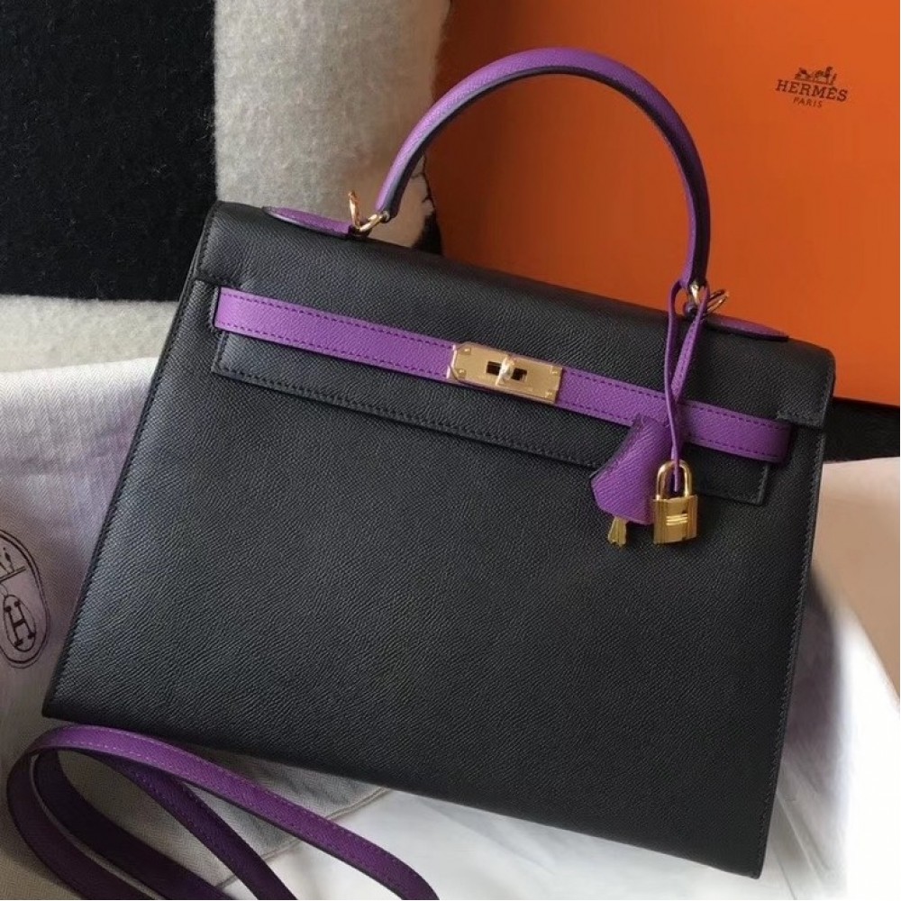 Hermes Bi-color Kelly 32cm Epsom Bag Black/Purple GHW