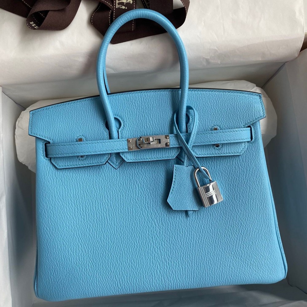 Hermes Birkin 25 Retourne Handmade Bag In Blue Aztec Chevre Mysore Leather