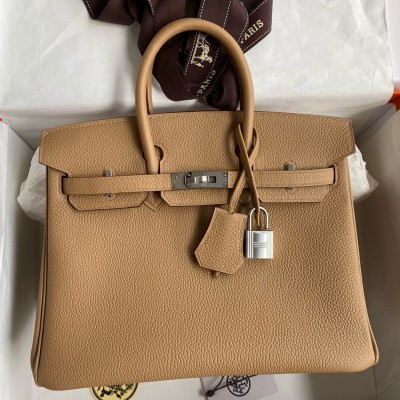 Hermes Birkin 25 Retourne Handmade Bag in Chai Clemence Leather