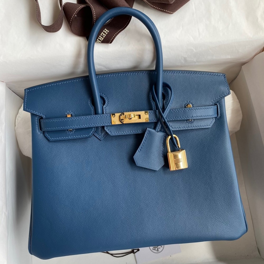 Hermes Birkin 25 Retourne Handmade Bag In Deep Blue Swift Calfskin