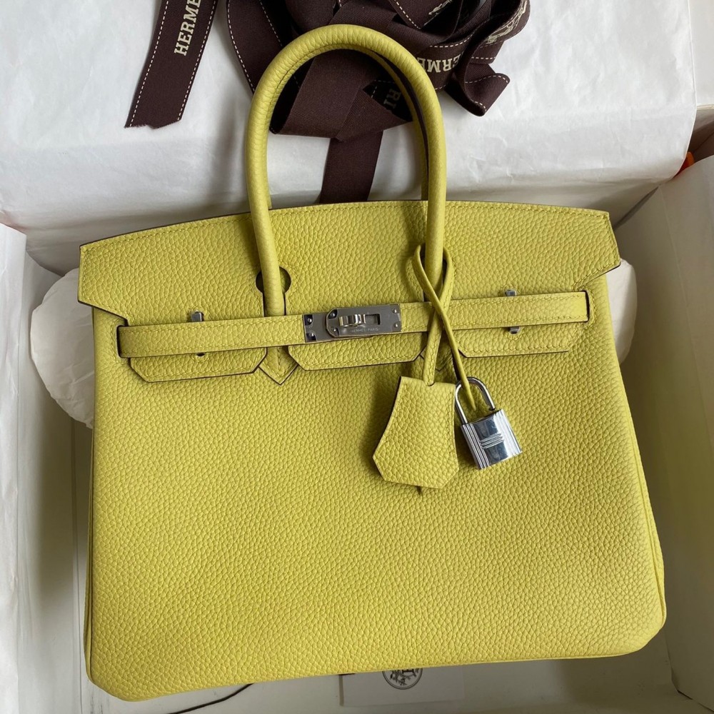 Hermes Birkin 25 Retourne Handmade Bag In Jaune Poussin Clemence Leather