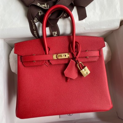 Hermes Birkin 25 Retourne Handmade Bag In Red Epsom Calfskin