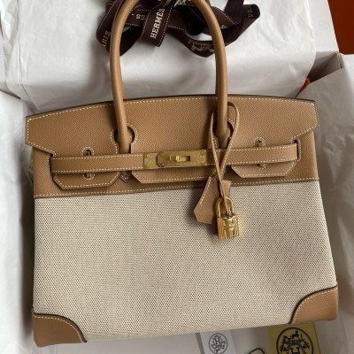 Hermes Birkin 30 Handmade Bag In Toile & Chai Epsom Leather