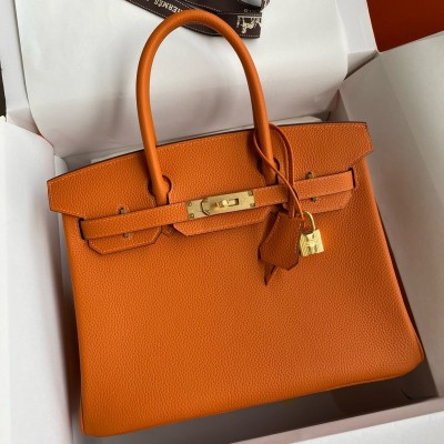 Hermes Birkin 35 Retourne Handmade Bag in Orange Clemence Leather