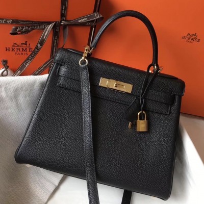 Hermes Black Clemence Kelly 32cm Retourne Bag