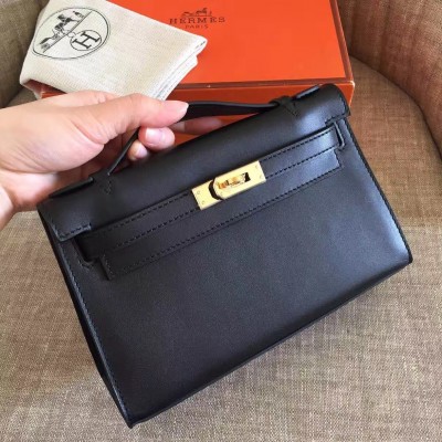 Hermes Black Kelly Pochette Swift Handmade Bag