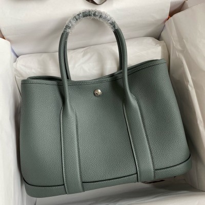 Hermes Garden Party 30 Handmade Bag in Malachite Clemence Leather