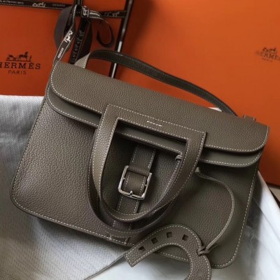 Hermes Halzan Bag In Etoupe Clemence Leather