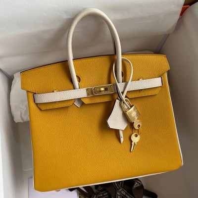 Hermes HSS Birkin 25 Bicolor Bag in Jaune d'or and Craie Epsom Calfskin