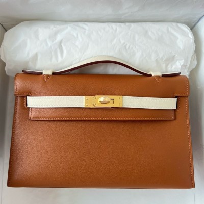 Hermes HSS Kelly Pochette Bicolor Bag in Gold and Craie Swift Calfskin