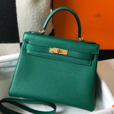 Hermes Kelly 25cm Retourne Bag in Malachite Clemence Leather GHW