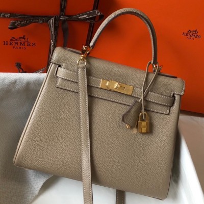 Hermes Kelly 25cm Retourne Bag in Tourterelle Clemence Leather GHW