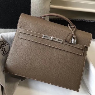 Hermes Kelly Depeche 34 Briefcase In Taupe Calfskin