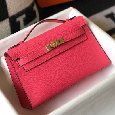 Hermes Kelly Pochette Clutch Bag In Rose Lipstick Epsom Leather