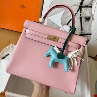 Hermes Kelly Retourne 25 Handmade Bag In Pink Swift Calfskin