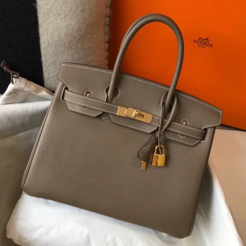 Hermes Taupe Clemence Birkin 30cm Bag