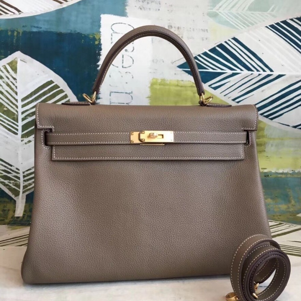 Hermes Taupe Clemence Kelly 35cm Handmade Bag