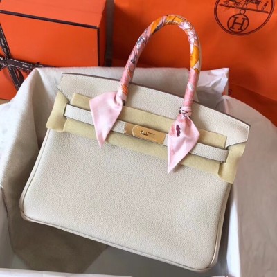 Hermes White Birkin 30cm Clemence Handmade Bag